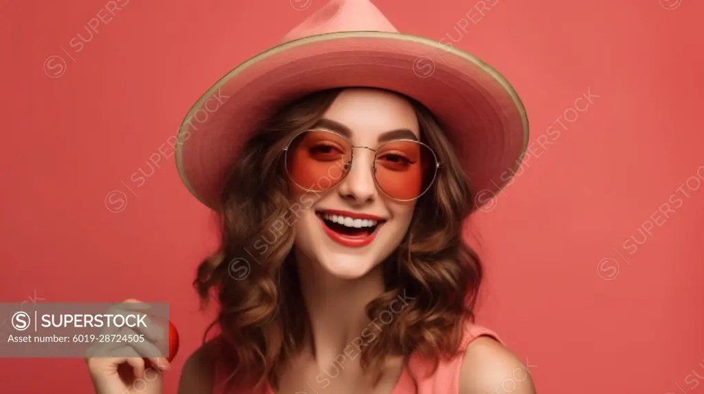 Image Generated AI. Young carefree woman  in flat color background