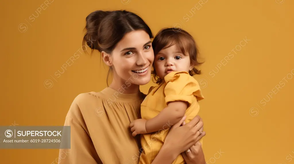 Image Generated AI. Happy  mother and child on yellow flat background