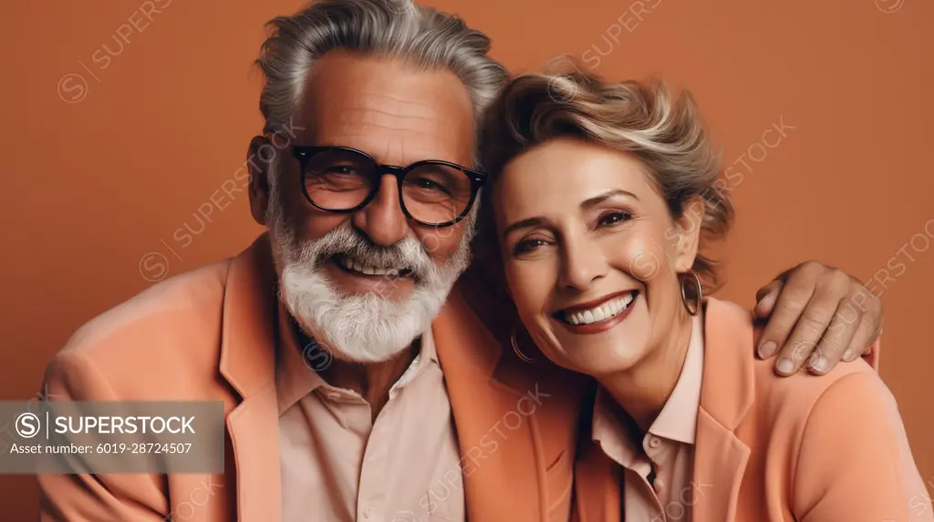 Image Generated AI. Middle aged happy couple on flat background