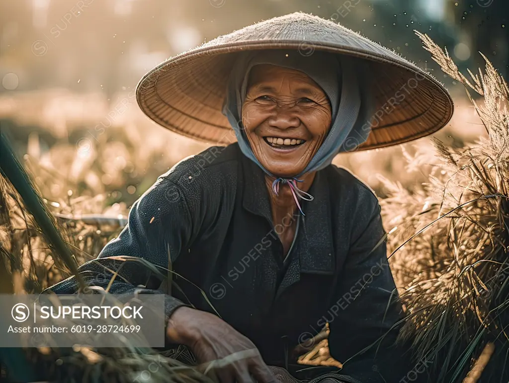 Asian woman working in a beautiful landscape. AI.