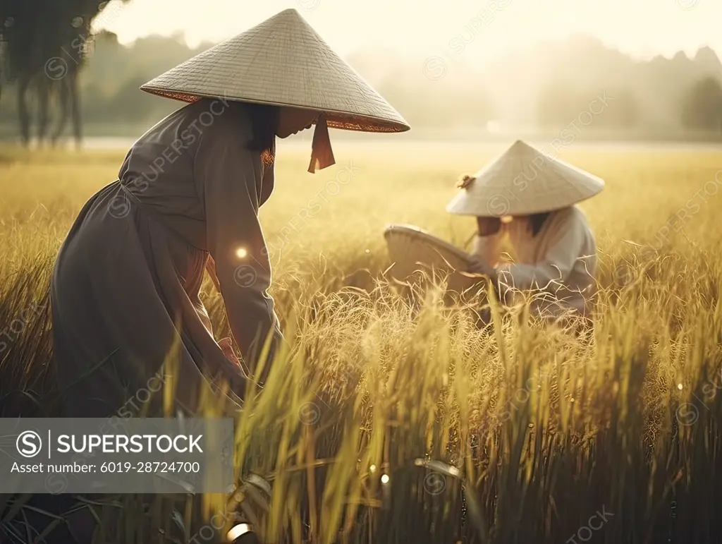 Asian women working in a beautiful landscape. AI.