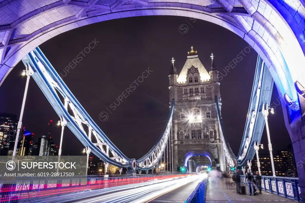 Beautiful night view to car lights on long exposure in Tower Bridge