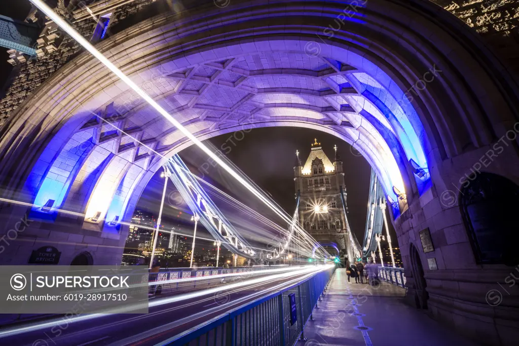 Beautiful night view to car lights on long exposure in Tower Bridge