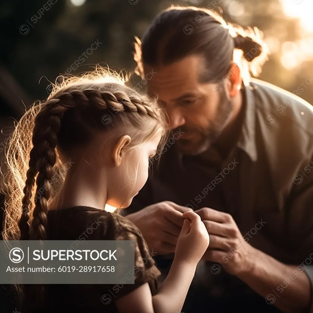 Generative AI, father and daughter braiding and talking