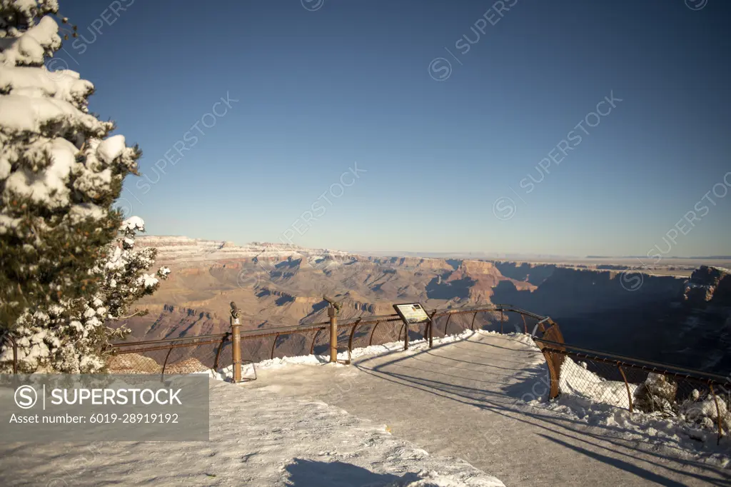 Snow covered Desert View Watchtower viewing platform, Grand Canyon