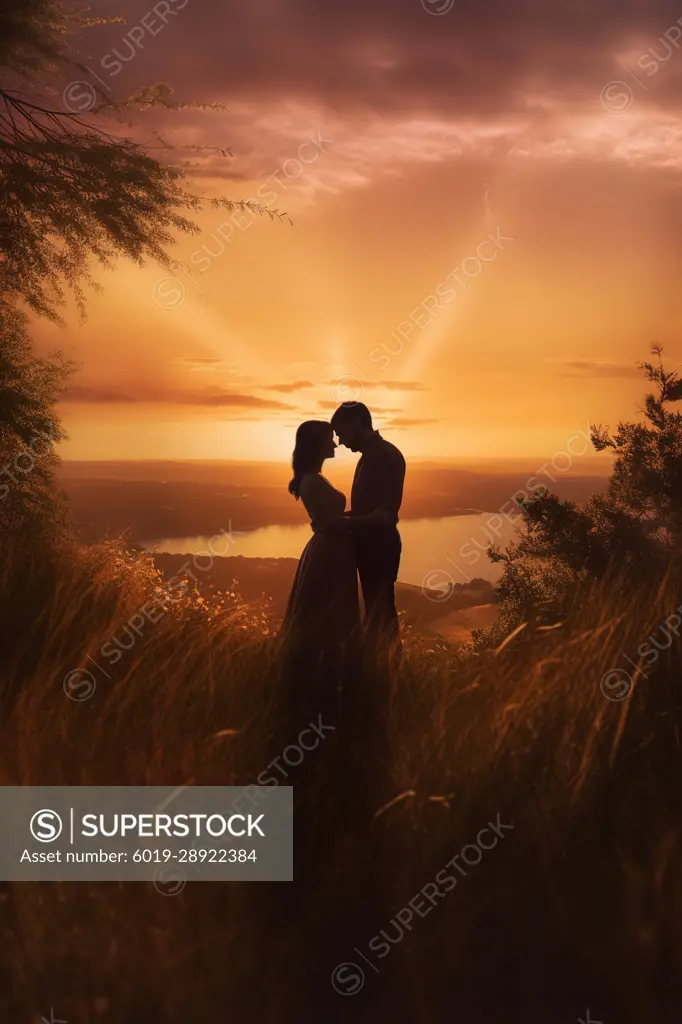 Silhouette of a couple embracing at romantic sunset. Generative AI