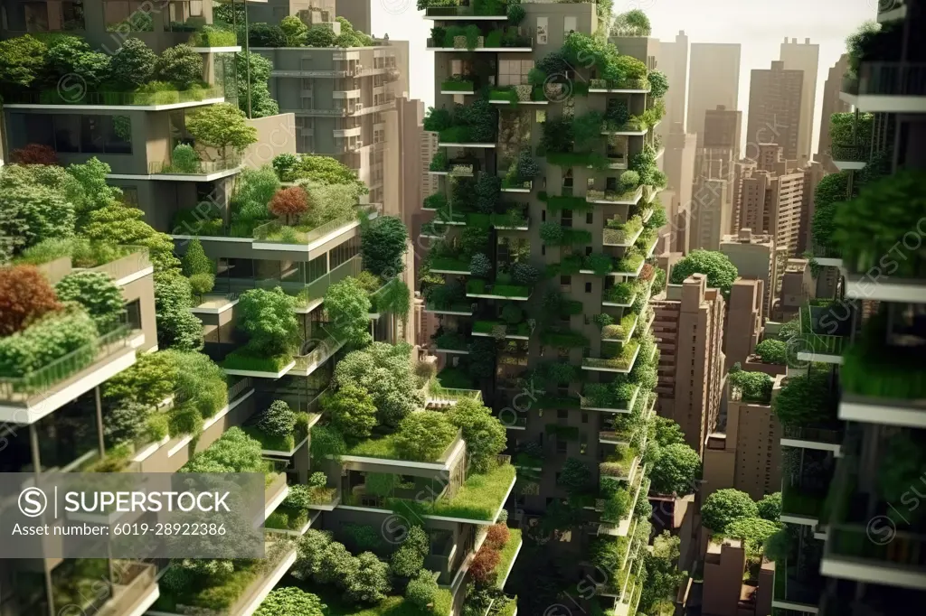 Urban landscape with green ecological buildings. Generative AI