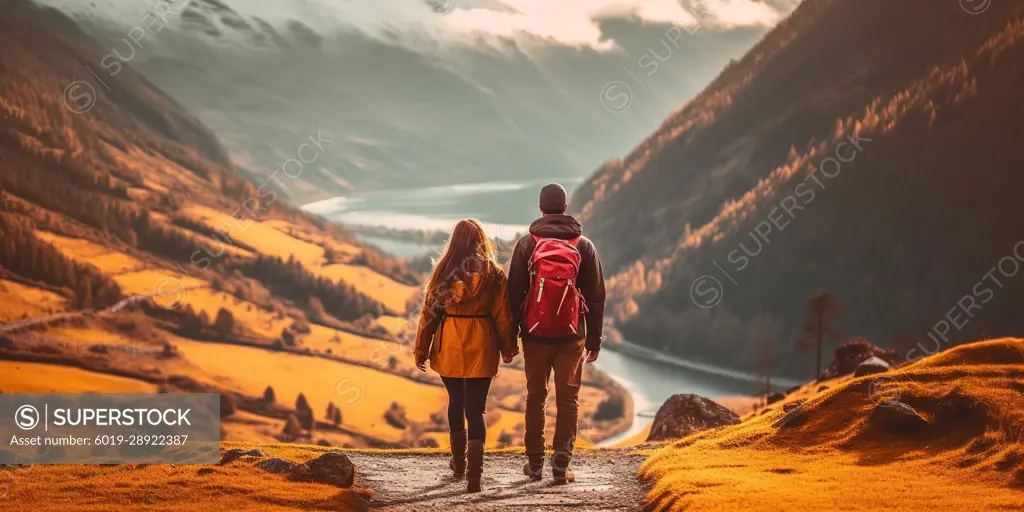 Back view of couple hiking in mountains hand by hand. Generative AI