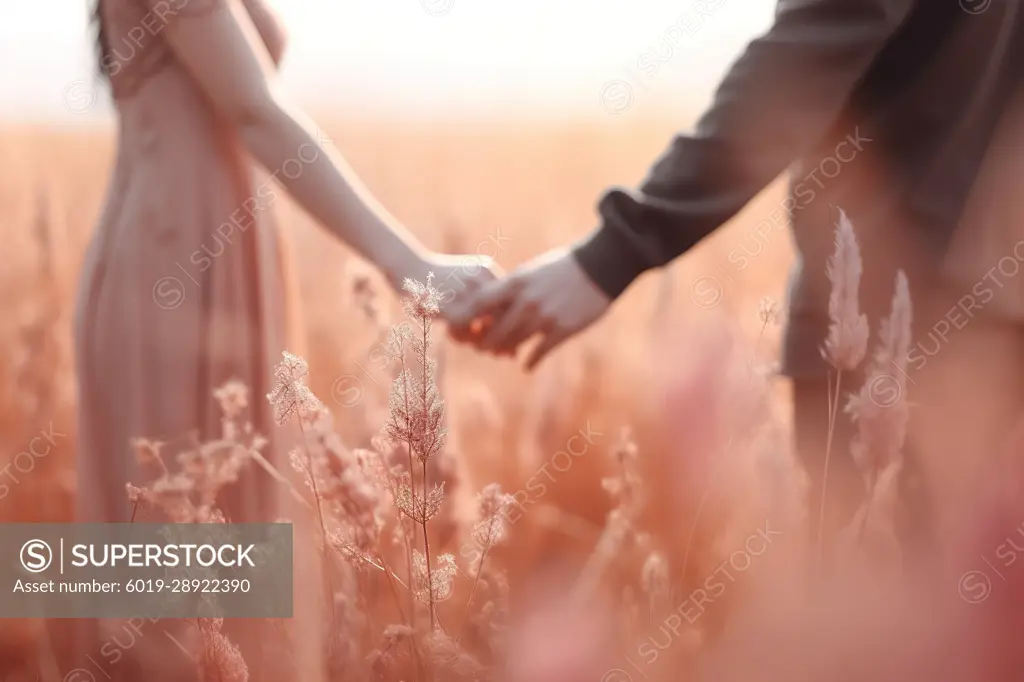 Romantic shot of couple holding hands in rural field. Generative AI