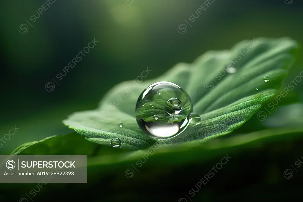 Amazing macro shot of dewdrop over tiny leaf. Generative AI