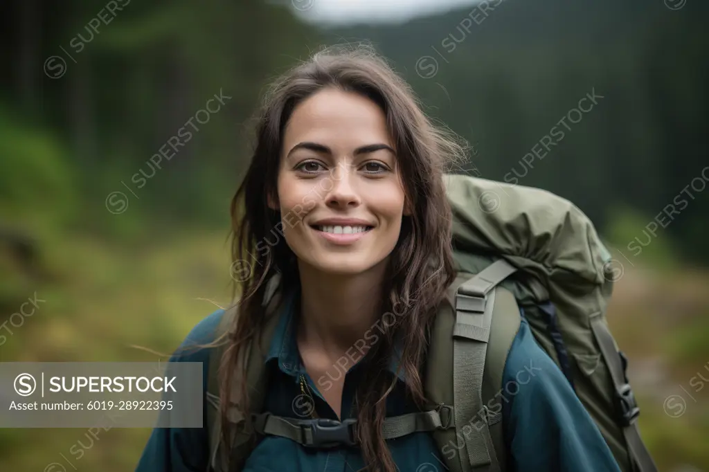 Happy backpacker woman exploring forest alone. Generative AI