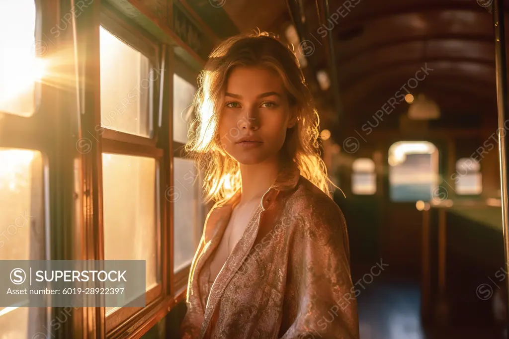 Gorgeous woman portrait posing inside abandoned train. Generative AI