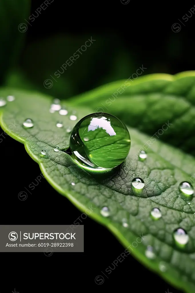 Macro shot of dewdrop on green leaf. Generative AI