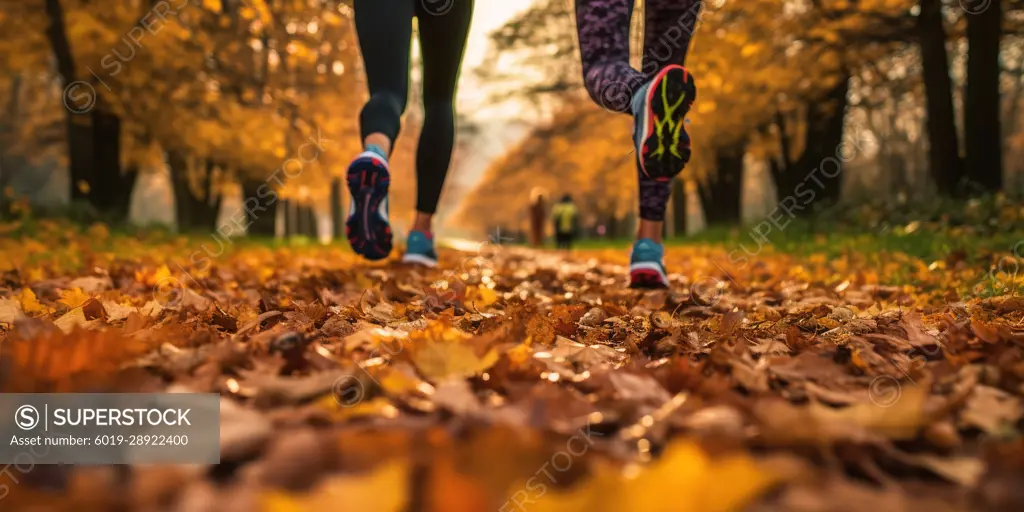 Low angle view of runner shoes among autumn leaves. Generative AI