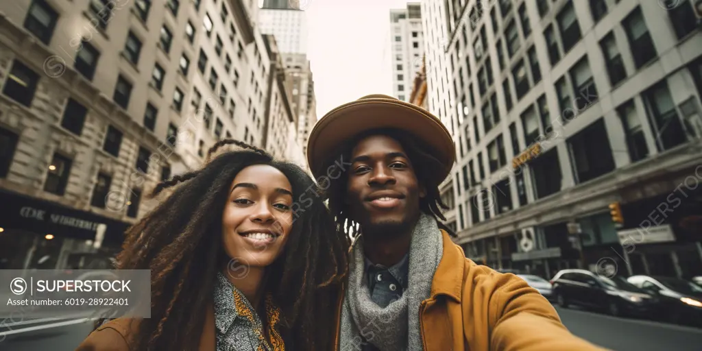 Selfie of young African American couple in New York. Generative AI