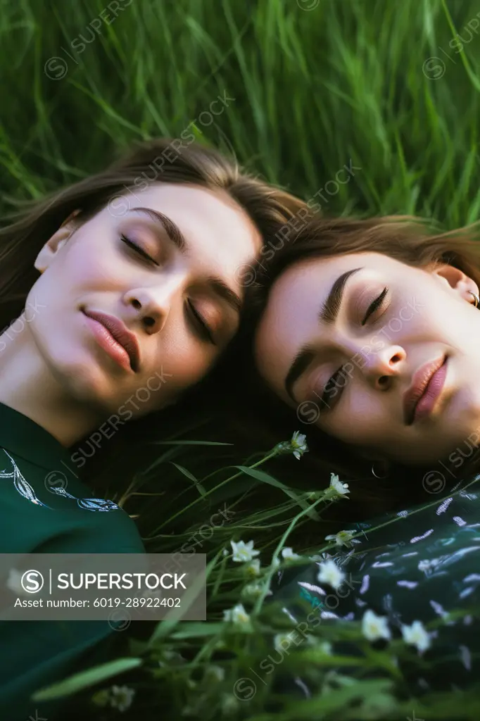 Girls relaxing while laying in green grass together. Generative AI