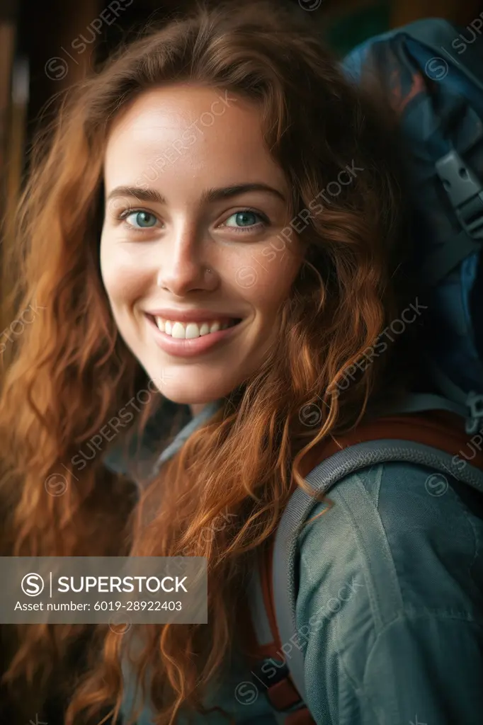 Red hair woman smiling ready for backpacking adventure. Generative AI