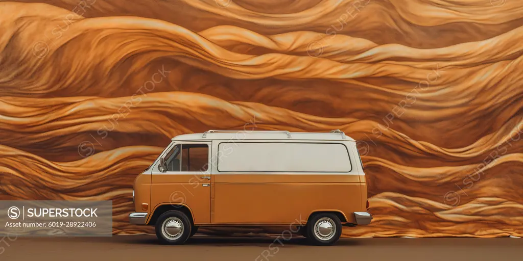 Vintage brown classic mini van over abstract wall mural. Generative AI