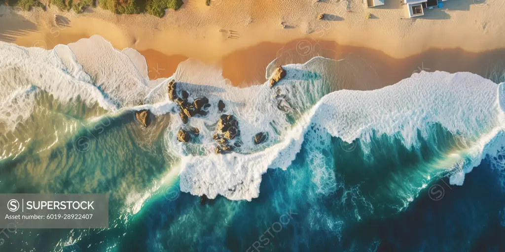 Aerial top view of golden sand beach and turquoise water.Generative AI