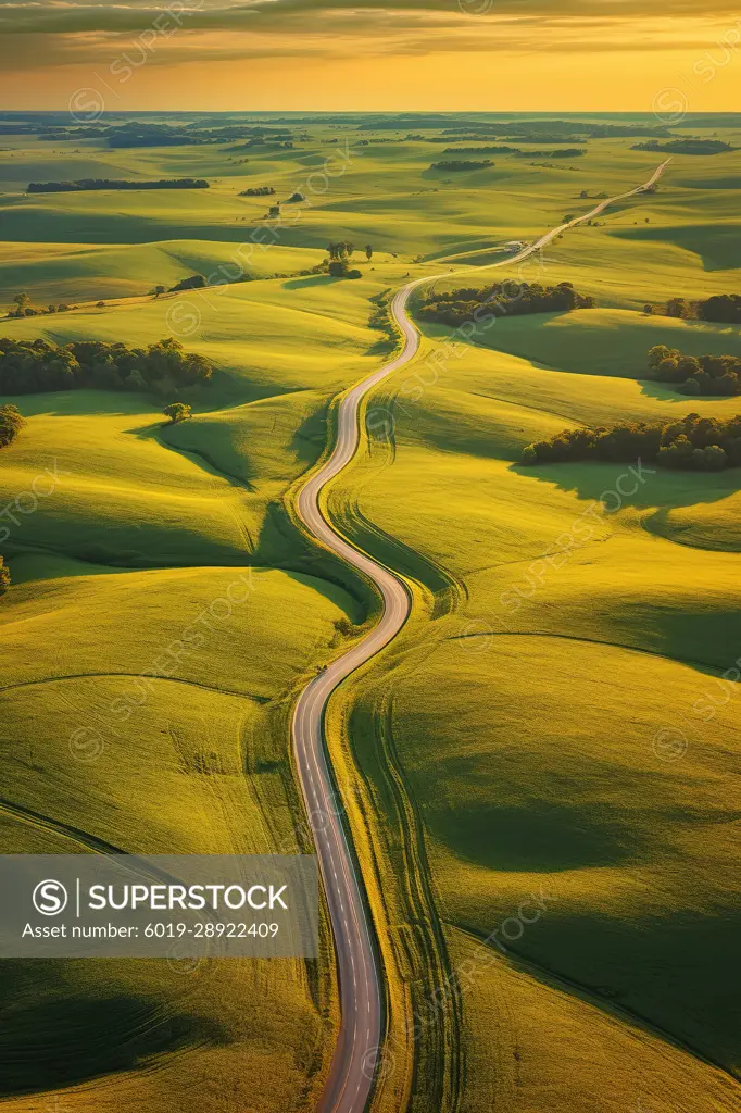 Aerial view of road among green meadow rural area. Generative AI