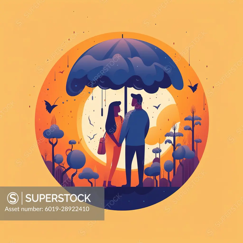 Minimalist illustration of couple under umbrella. Generative AI