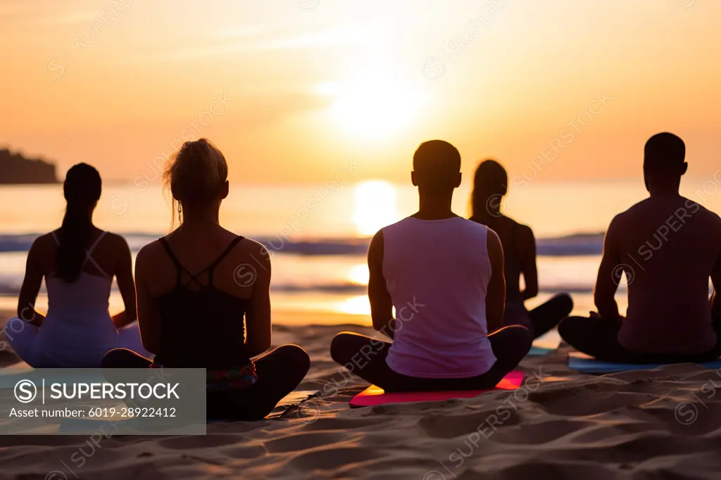 Yoga practice with people meditating by the beach. Generative AI