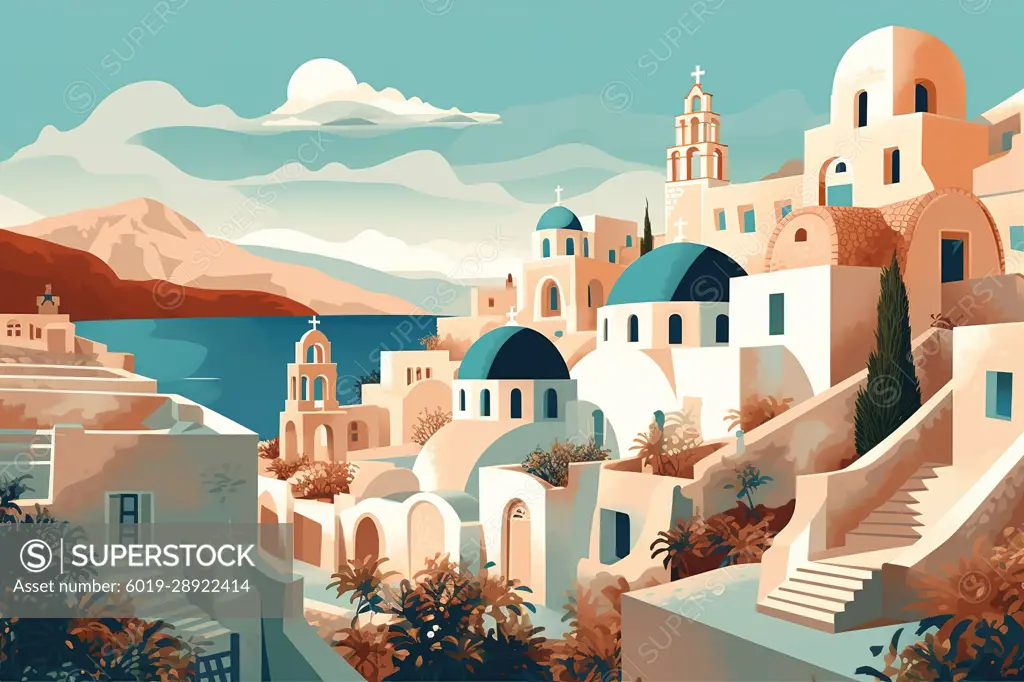 Illustration of Santorini Greece travel poster. Generative AI