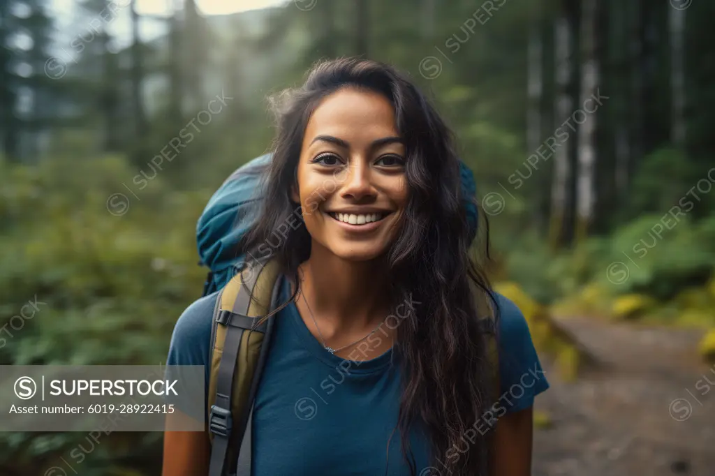 Latin woman smiling at camera on hiking day in forest. Generative AI