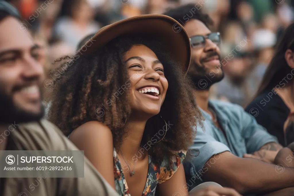 Cheerful African American woman watching game in stadium.Generative AI