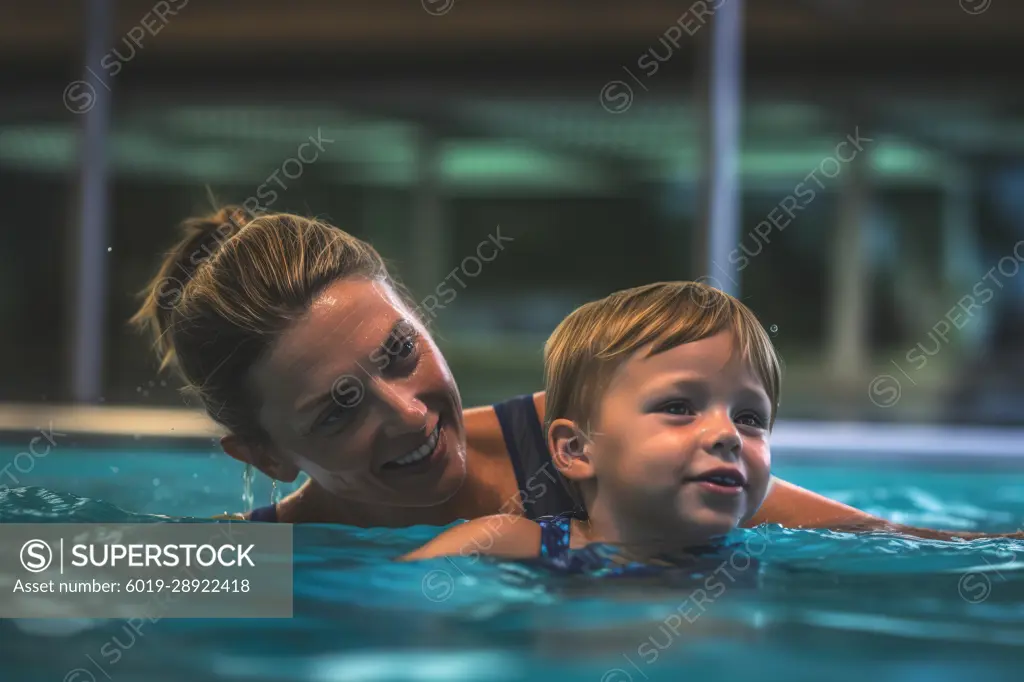 Mom teaching little son how to swim. Generative AI