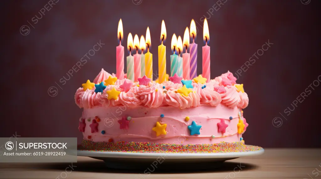 Girly pink Birthday cake with candles. Generative AI