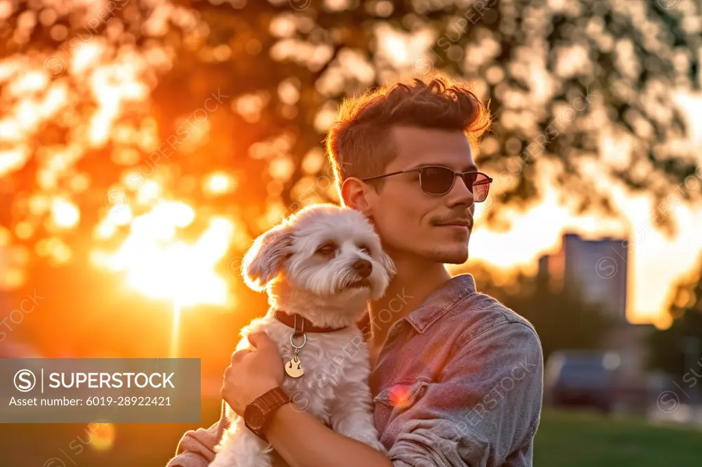 Young man with his dog in the park at sunset. Generative AI