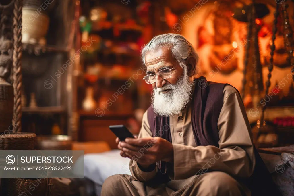 Elderly Indian man using smartphone. Generative AI