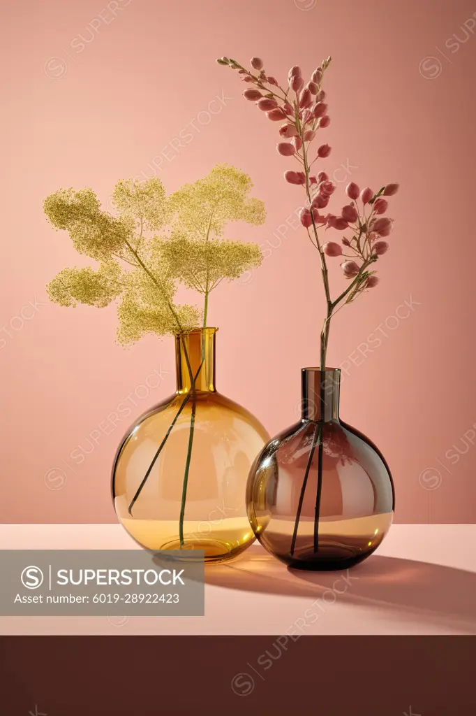 Glass vases with dry plants over pink shadowy atmosphere.Generative AI