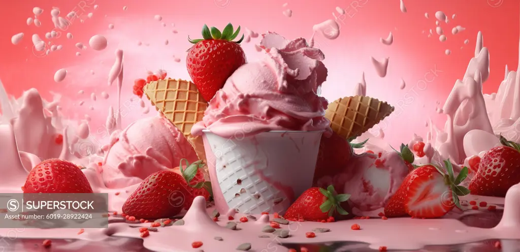 Strawberry ice cream advertisement banner. Generative AI