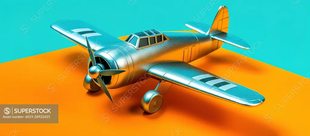 Miniature silver airplane over colorful background. Generative AI