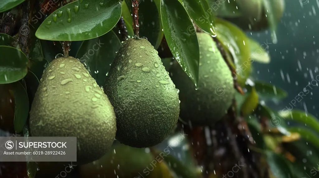 Fresh ripe avocados on tree under the rain. Generative AI