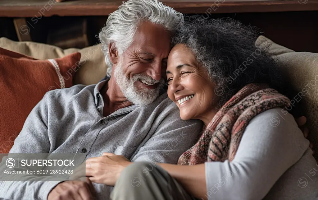 Multi-ethnic senior couple embracing on the sofa. Generative AI