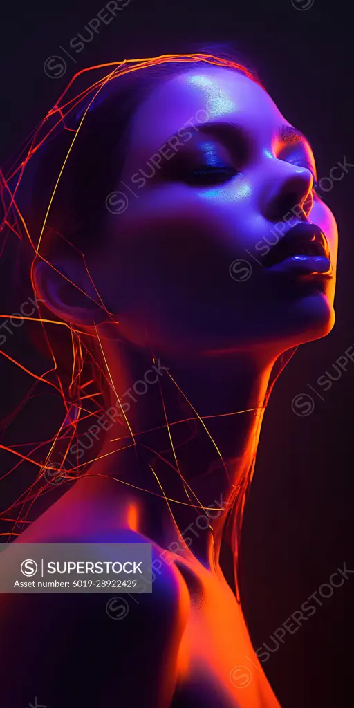 Modern neon light abstract woman face portrait. Generative AI