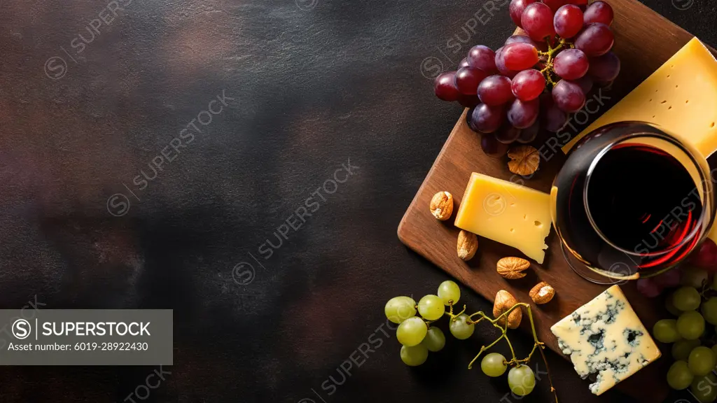 Table layout of glass of wine with grapes and cheese. Generative AI