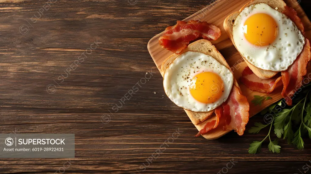 Table top view with tasty fried eggs and bacon. Generative AI