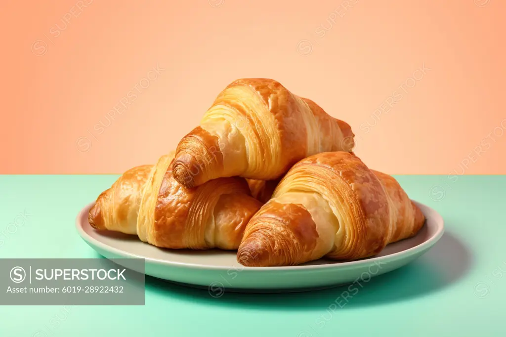 Fresh croissants on white plat over colorful background. Generative AI