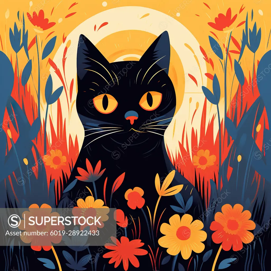 Cute flat design illustration of black cat with flowers. Generative A