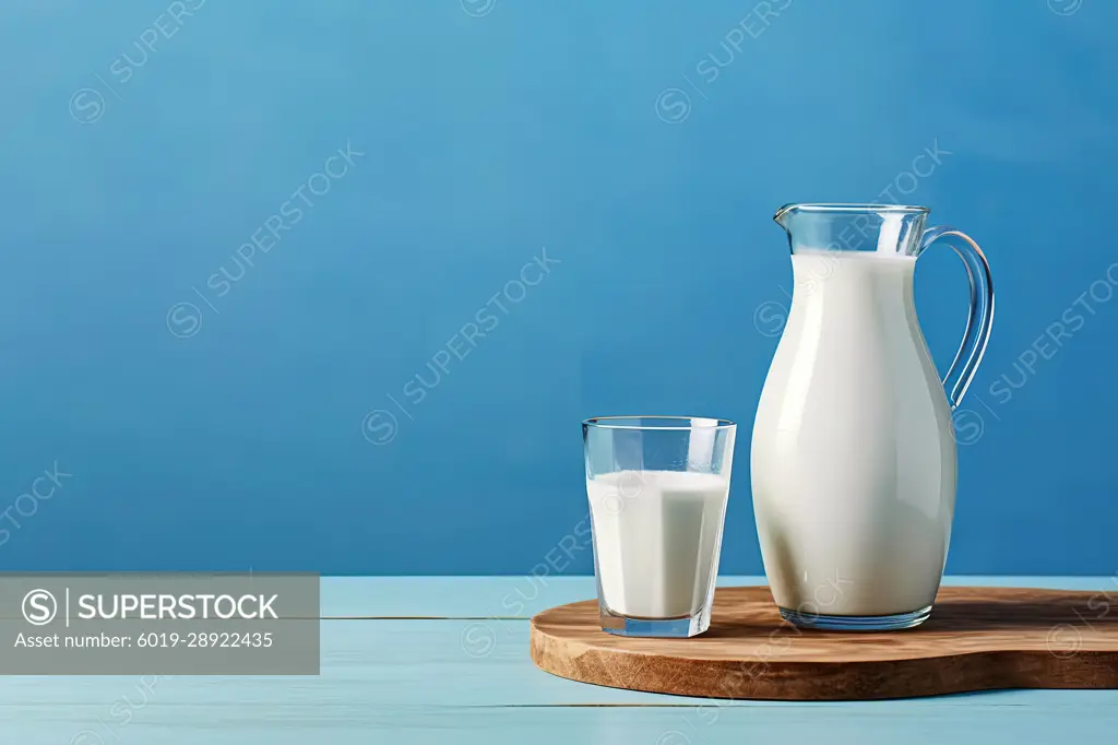 Glass jar of milk over blue background with copy space. Generative AI