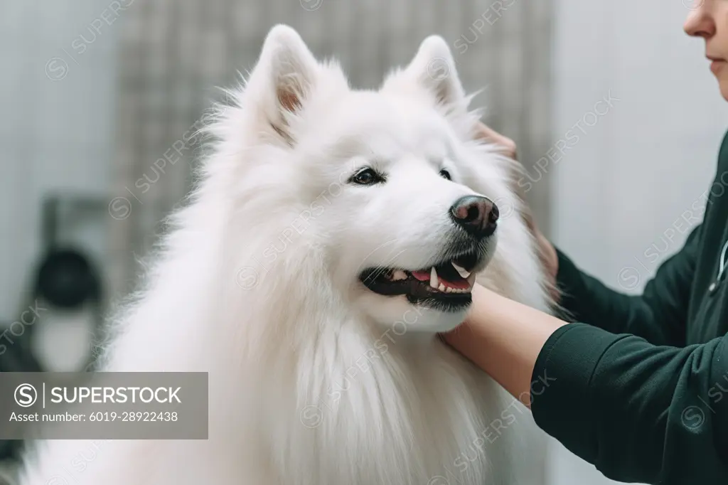 Vet checking white Samoyed dog hears. Generative AI