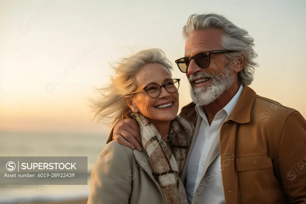 Senior retired couple enjoying walk by the beach. Generative AI