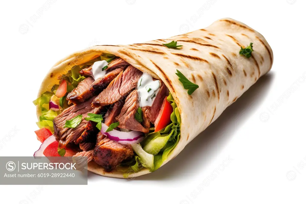 Shawarma durum doner kebab over white background. Generative AI