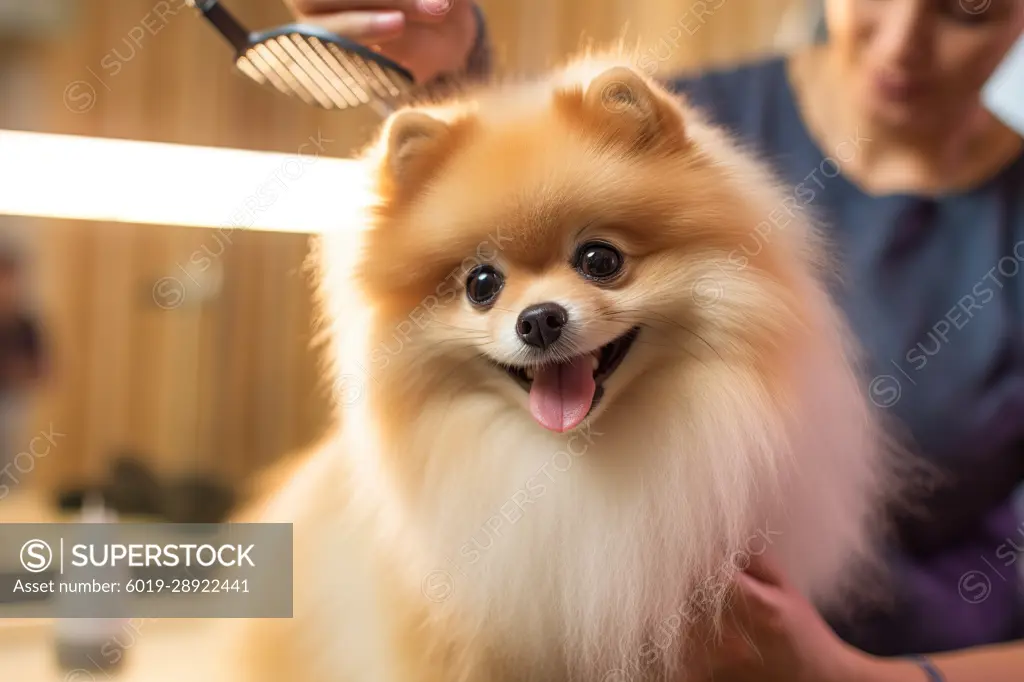 Pomeranian dog at Groomer shop. Generative AI