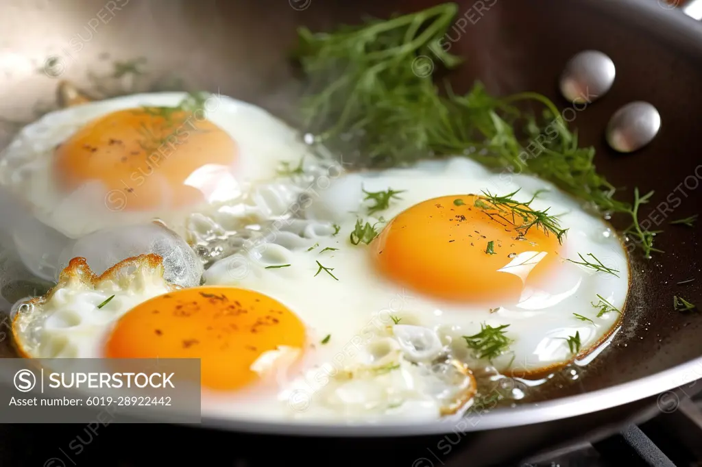 Close shot of fried eggs cooking on a pan. Generative AI