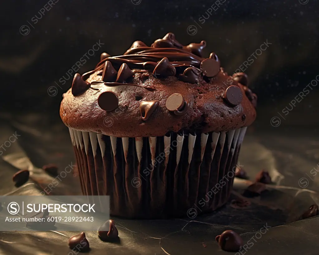 Chocolate cupcake with chocolate icing and chips. Generative AI